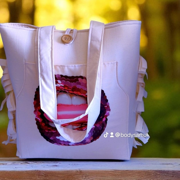 Elegant Cream and Purple Tote Bag - Picture 1 of 5